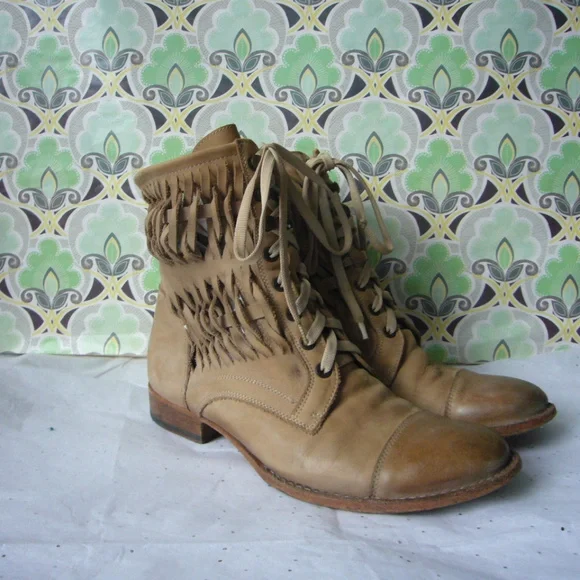 Barney's New York Brown Woven Leather Combat Boot 38.5 Lace up Bohemian Unique